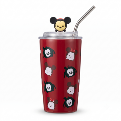 TOYOOS 500ml Stainless Steel Insulated Tumbler with Lid & Reusable Steel Straw | Double Wall Vacuum Coffee Travel Mug | Cute Cartoon Printed Thermal Cup for Hot & Cold Drinks (Red)
