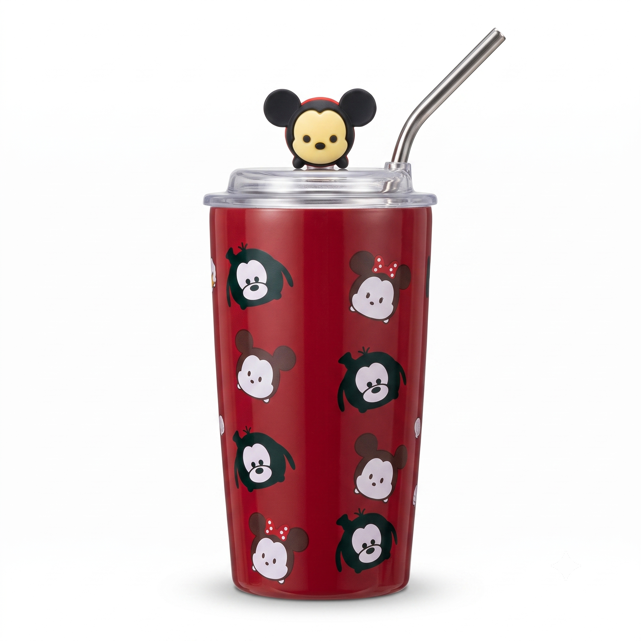 TOYOOS 500ml Stainless Steel Insulated Tumbler with Lid & Reusable Steel Straw | Double Wall Vacuum Coffee Travel Mug | Cute Cartoon Printed Thermal Cup for Hot & Cold Drinks (Red)