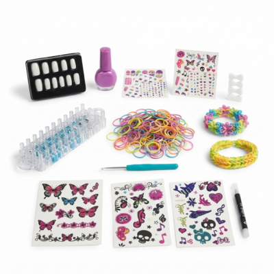 3-in-1 Girls Creativity Kit | Nail Art, Loom Bands & Tattoo Fashion Set for Kids | DIY Fashion Craft Activity Kit | Educational Creative Toy for Girls Age 5+