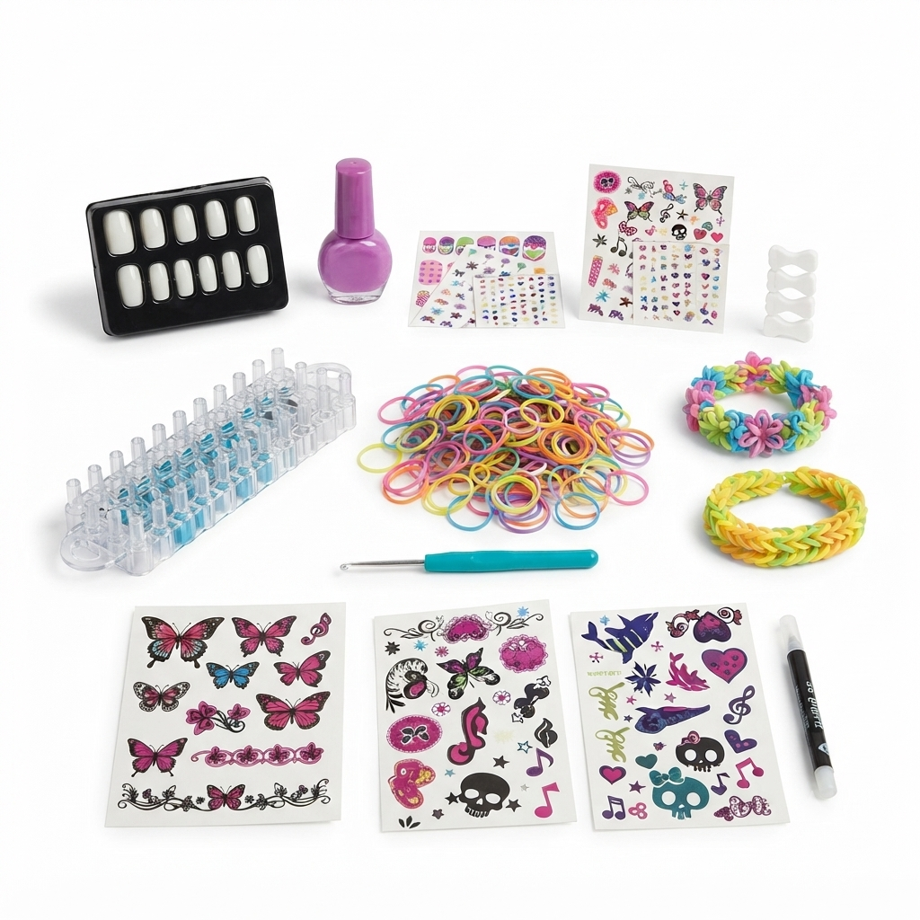 3-in-1 Girls Creativity Kit | Nail Art, Loom Bands & Tattoo Fashion Set for Kids | DIY Fashion Craft Activity Kit | Educational Creative Toy for Girls Age 5+