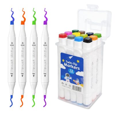 12 Colors Twin Tip Marker Pens Set | Dual Tip Fine & Broad Tip Water Based Markers | Art, Drawing, Coloring, School & Craft Supplies with Storage Case
