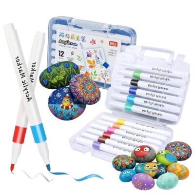 12 Colors Acrylic Paint Marker Pens Set | Waterproof Water-Based Acrylic Markers for Rock, Wood, Glass, Ceramic, Canvas & DIY Crafts