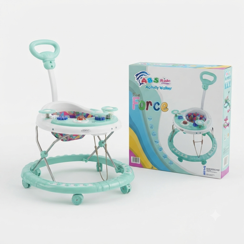 Baby Activity Walker with Push Handle & Interactive Toy Tray, Height Adjustable Baby Walker with Rotating Seat and Smooth Wheels for Infants
