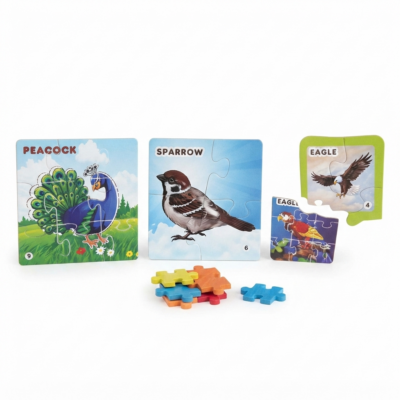 TOYOOS Bird Puzzle for Kids | 3-in-1 Self-Correcting Educational Jigsaw Puzzle Set | Peacock, Sparrow & Eagle Learning Cards | Improves Fine Motor Skills & Bird Recognition | Ages 3+ Years