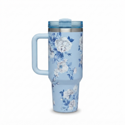 Blue Floral Insulated Travel Tumbler with Handle | Reusable Coffee & Water Cup with Sliding Lid
