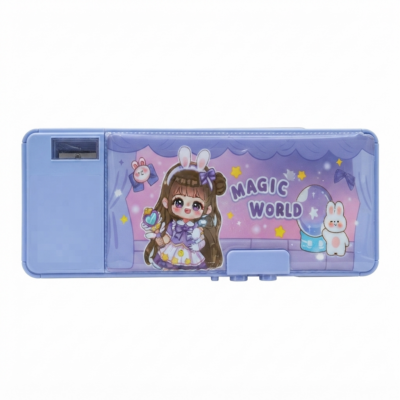 Magic World Cartoon Pencil Box for Girls | Multi-Compartment Stationery Organizer Box with Sharpener, Eraser & Ruler | Cute School Pencil Case for Kids
