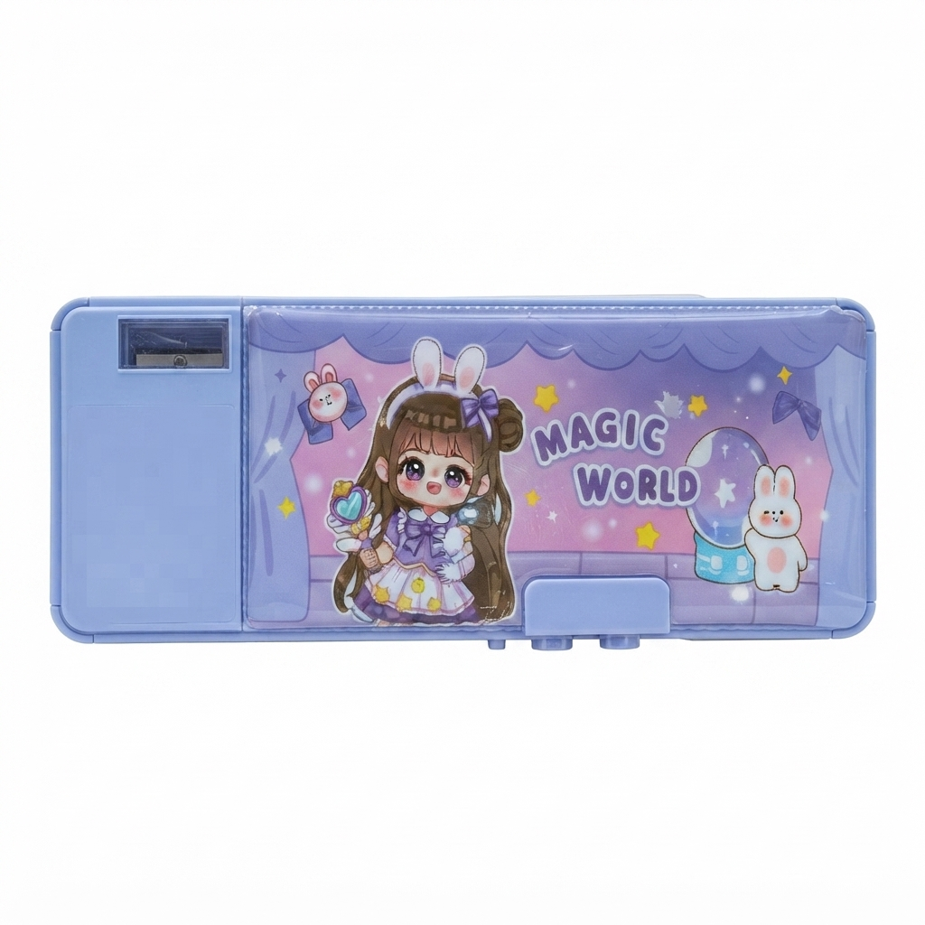 Magic World Cartoon Pencil Box for Girls | Multi-Compartment Stationery Organizer Box with Sharpener, Eraser & Ruler | Cute School Pencil Case for Kids