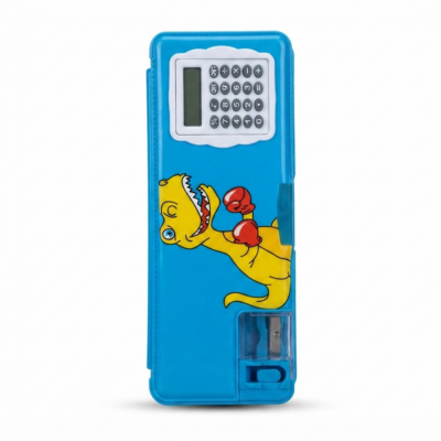 Dinosaur Pencil Box with Calculator for Kids | Multi-Compartment Stationery Organizer Box with Sharpener, Ruler & Eraser | School Pencil Case for Boys and Girls