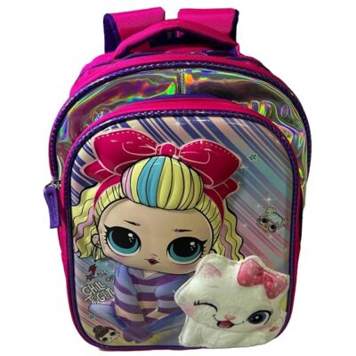 Girls School Backpack for Kids | 3 Compartment Waterproof School Bag | Cartoon Printed Travel & School Backpack for Girls (16 Inch, Pink)