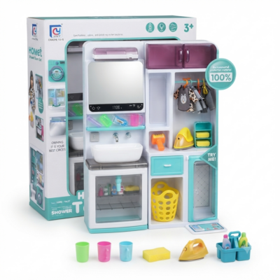 Kids Bathroom Play Set with Sink, Mirror, Storage Cabinet & Cleaning Accessories | Pretend Play Bathroom Toy Set for Kids 3+ Years | Educational Role Play Toy