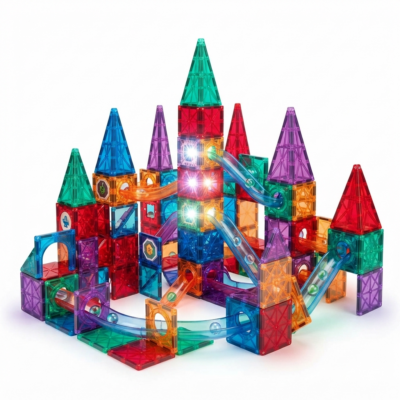 75 PCS Light Magnetic Blocks Building Set for Kids | LED Magnetic Tiles Construction Toy | STEM Learning Educational Building Blocks with Castle, Tower & Marble Run Designs