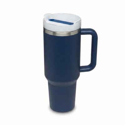 Navy Blue Stainless Steel Travel Mug with Handle & Sliding Lid