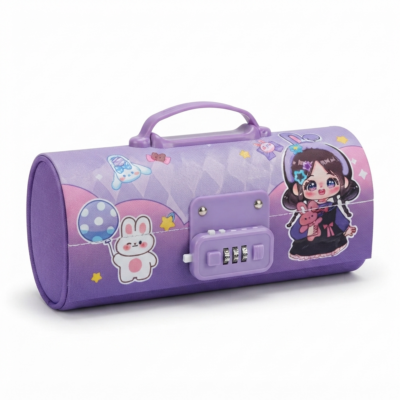 Cute Cartoon Password Lock Pencil Case for Girls | Large Capacity Pencil Pouch with Handle | Multi-Compartment School Stationery Organizer | Purple