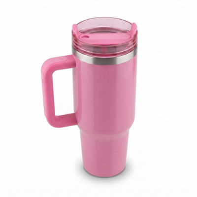 Pink Stainless Steel Travel Mug with Handle & Sliding Lid