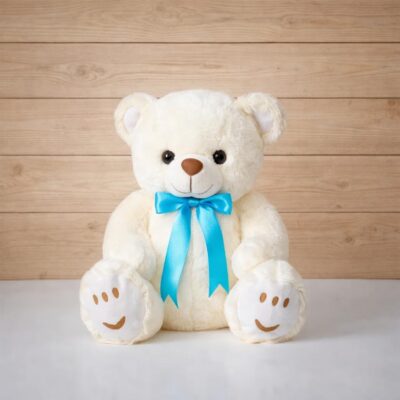 Soft Teddy Bear with Blue Ribbon, Cuddly Plush Toy for Kids & Gifting