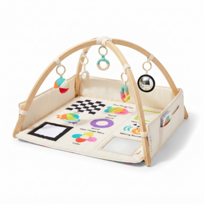 Baby Play Gym Activity Mat with Hanging Toys, Soft Padded Playmat, Wooden Activity Arch, Sensory Development Mat with Mirror & Storage Pocket for Infants