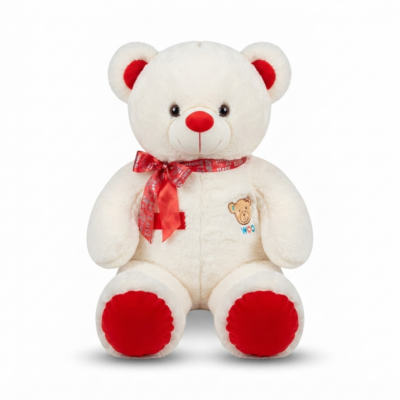 White Teddy Bear Plush Toy with Red Ribbon for Kids, Ultra Soft Stuffed Teddy Bear, Premium PP Cotton Filling, Cute Hugging Soft Toy Gift for Boys & Girls