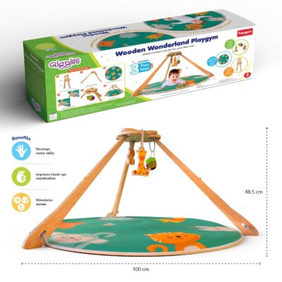 Wooden Wonderland Baby Play Gym with Activity Mat | Foldable Wooden Play Gym for Newborns & Infants | Sensory Hanging Toys & Tummy Time Mat