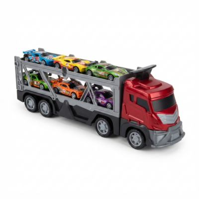 TOYOOS Car Carrier Transport Truck with 6 Racing Cars, Multi-Level Vehicle Transporter Trailer with Loading Ramp, Kids Toy Playset for Boys & Girls 3+ Years