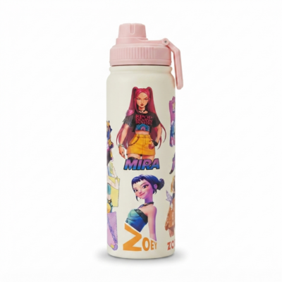 TOYOOS Stainless Steel Water Bottle for Kids | 500ml Insulated Leakproof School Water Bottle with Carry Handle | BPA Free Reusable Vacuum Flask | Cartoon Printed Bottle for Boys & Girls | Pink Lid