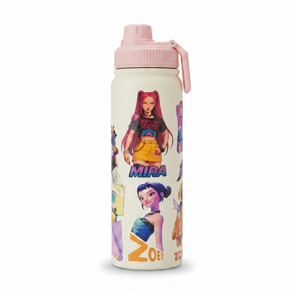 TOYOOS Stainless Steel Water Bottle for Kids | 500ml Insulated Leakproof School Water Bottle with Carry Handle | BPA Free Reusable Vacuum Flask | Cartoon Printed Bottle for Boys & Girls | Pink Lid