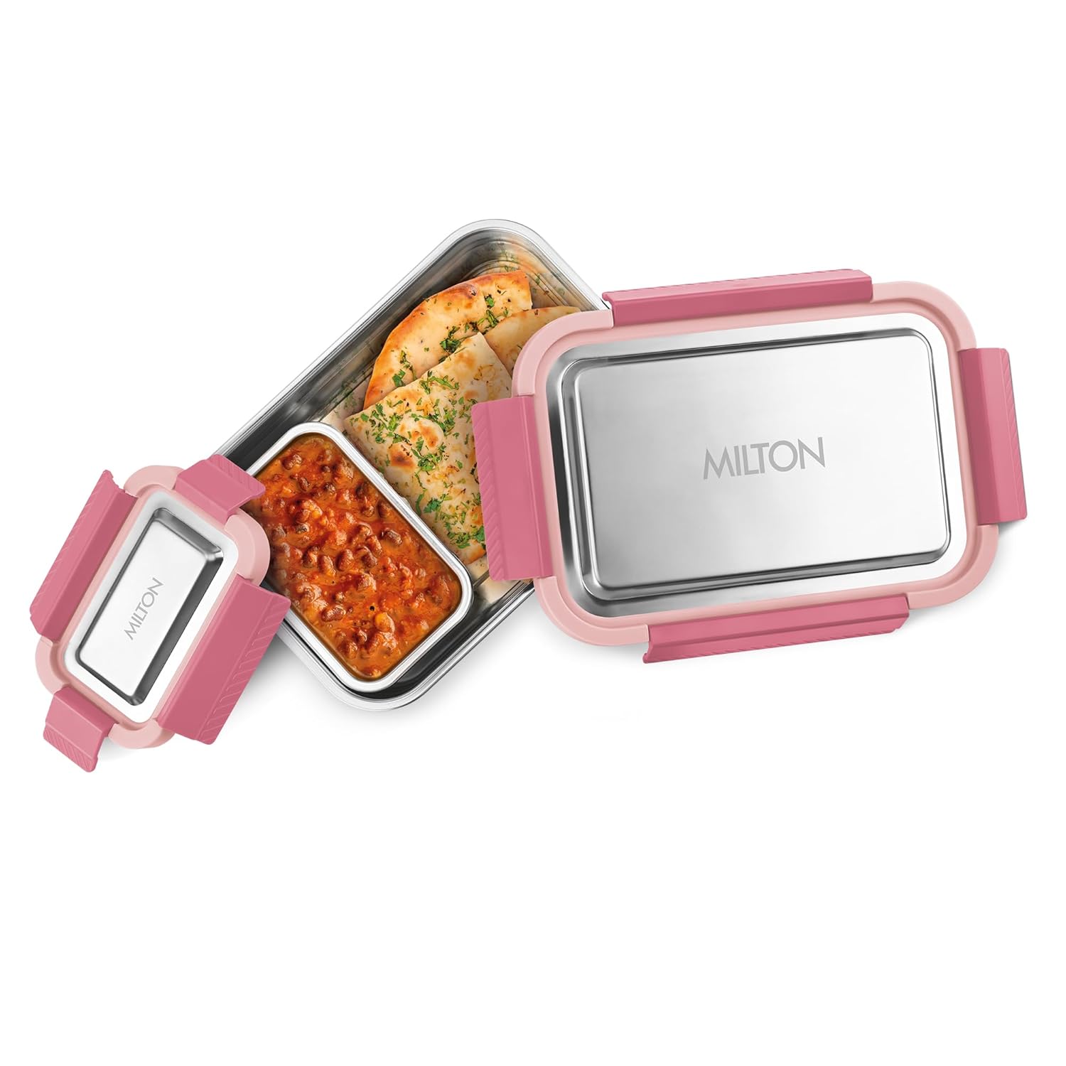 Stainless Steel Leakproof Lunch Box with 4-Side Locking Lid & Inner Compartment | Food Grade Bento Lunch Container for Office, School & Travel | Pink