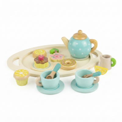Wooden Tea Set for Kids, Pretend Play Afternoon Tea Party Set with Teapot, Cups, Saucers, Spoons & Dessert Accessories
