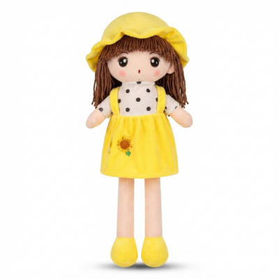 TOYOOS Cute Girl Plush Doll 46 cm | Soft Stuffed Doll with Yellow Hat & Dress | Ultra Soft Velvet Fabric | Premium PP Cotton Filled | Washable Plush Toy | Gift for Girls & Kids